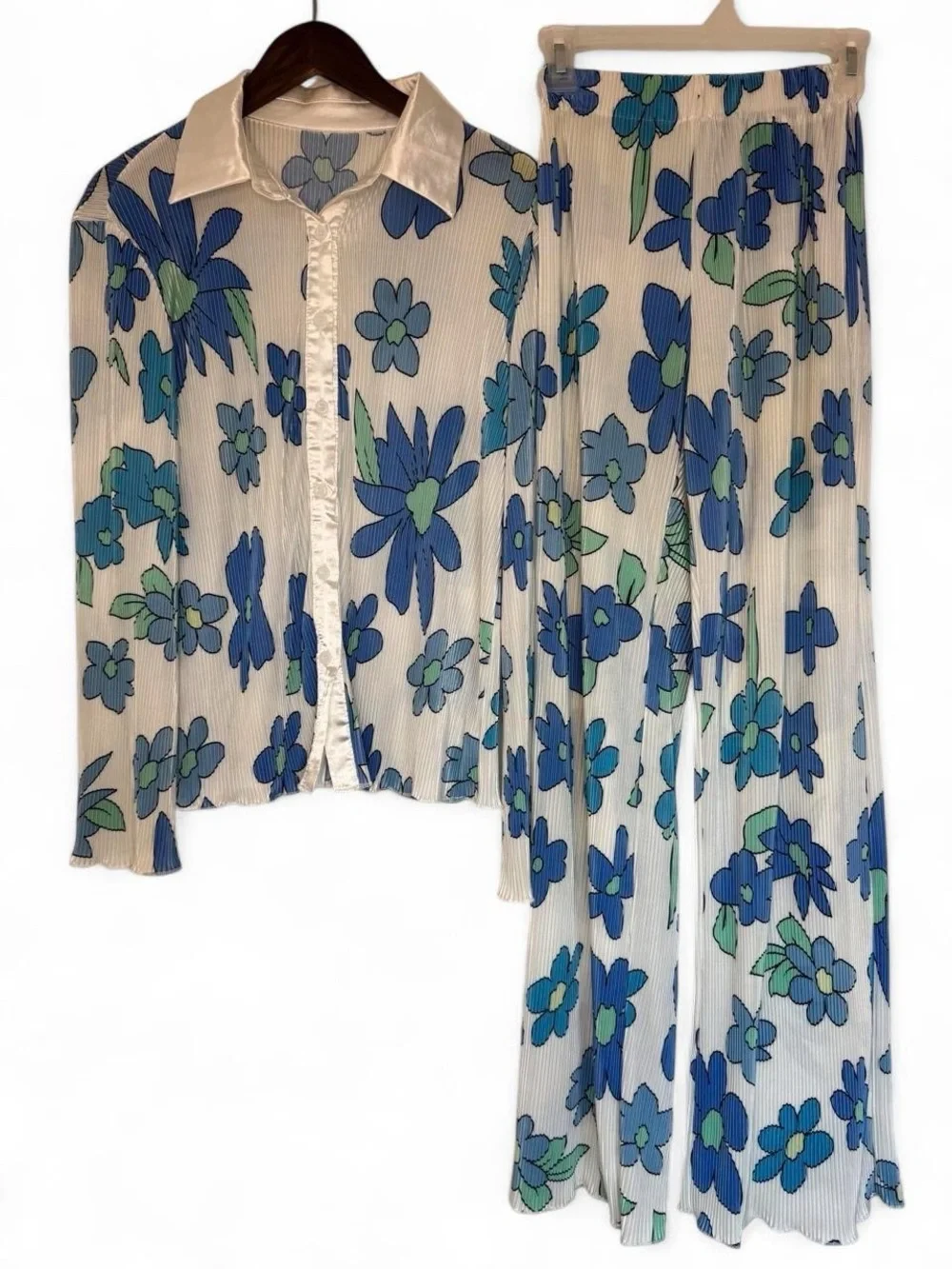 Retro Blue Floral Pleated Blouse Skirt Matching Set Festival Boho Hippie Groovy
